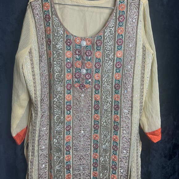 Handmade Beige Long Kaftan Dress Embroidered Sequins Floral Boho Ethnic Wear - Picture 1 of 7